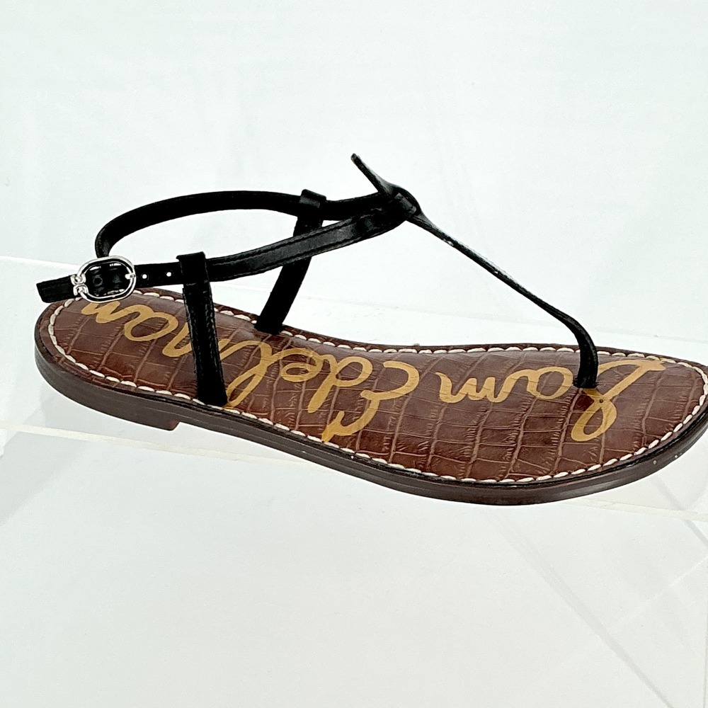 Sam Edelman Size 5.5 Black Leather T-Strap Thong Flat Sandals NEW Gigi $50 - Picture 1 of 12